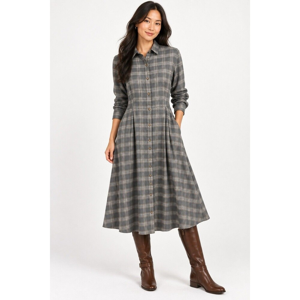 Uniqlo Plaid Midi Shirt Dress Medium Gray Soft Flannel Academia Preppy